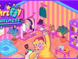 Thrifty Business gameplay showing a colorful 1990s-inspired thrift store filled with second-hand items, shelves, and decorations.
