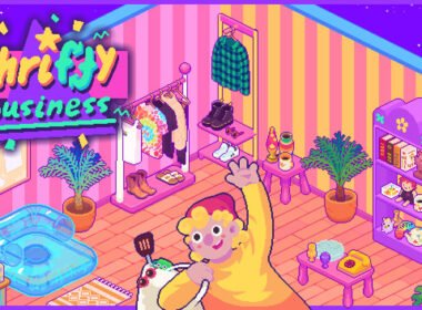 Thrifty Business gameplay showing a colorful 1990s-inspired thrift store filled with second-hand items, shelves, and decorations.