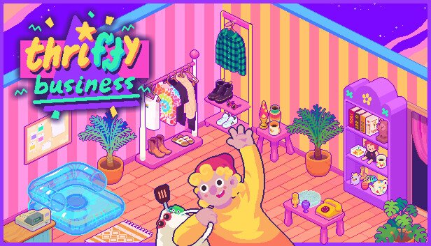 Thrifty Business gameplay showing a colorful 1990s-inspired thrift store filled with second-hand items, shelves, and decorations.